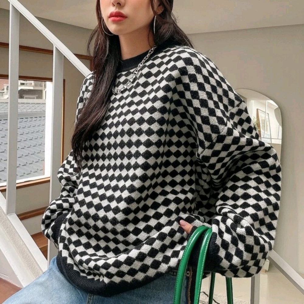 SOLD DAZY Checker Pattern Drop Shoulder Sweater - Picture 1 of 10